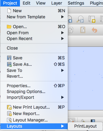 Screenshot of print layout dropdown menu in QGIS