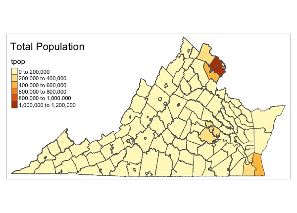 virginia counties colored by 2010 population, census bureau estimates and shapefiles