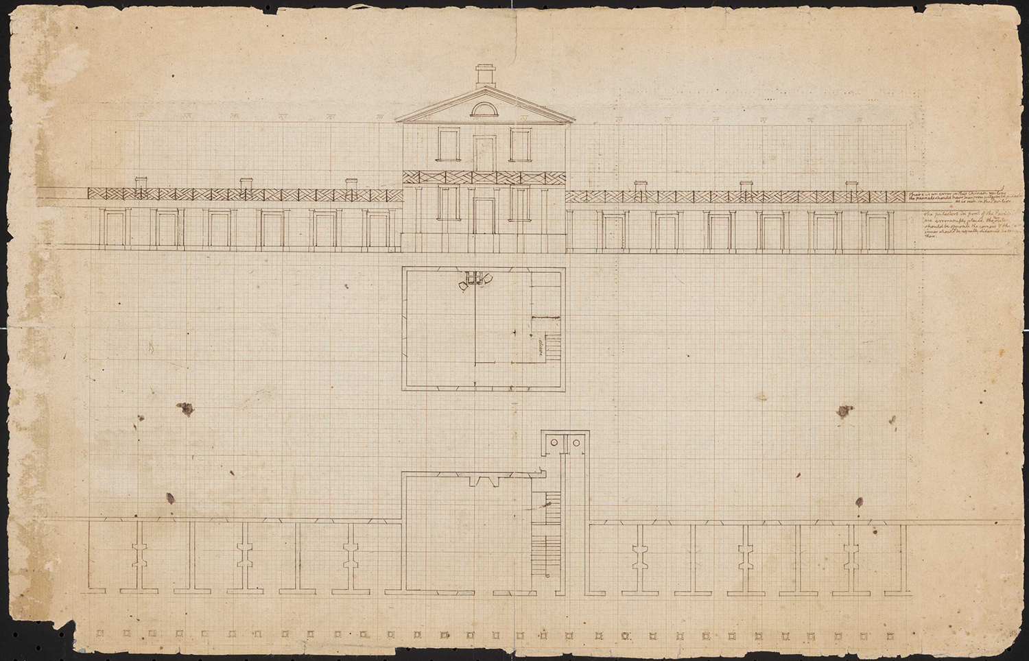 Architectural plans on aged, gridded paper. 