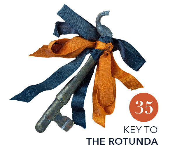 A heavy metal key with orange and blue ribbons, number 35.