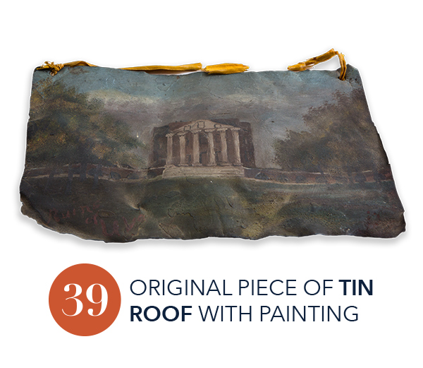 A crumpled painting of UVA's Rotunda with old yellow ribbon strung across the top. Number 39.