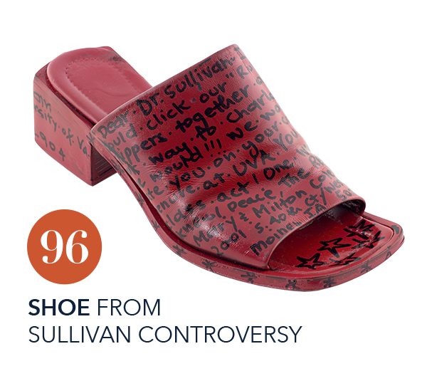 A red shoe covered in encouraging words for Dr. Sullivan. Number 96.