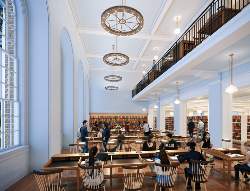 rendering of a study space filled with tables and people reading. Chandeliers depend from a two story ceiling and a mezzanine level can be seen on the upper floor