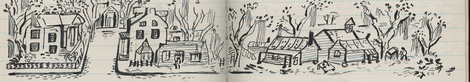 A pen drawing on lined paper shows a small town main street, including buildings and trees
