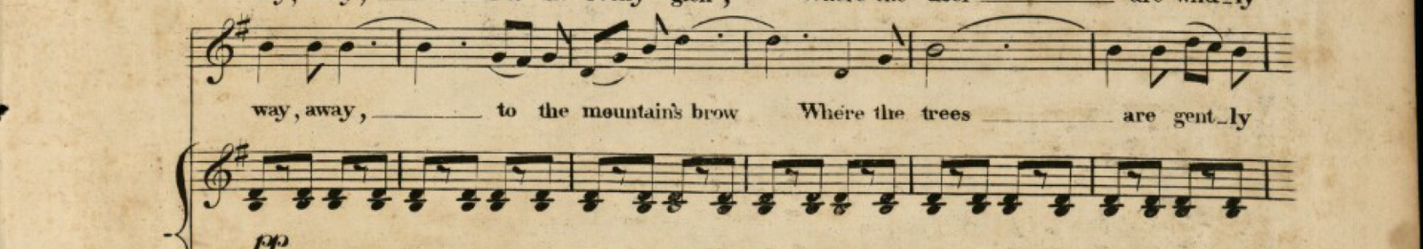 A musical score with words referring to trees and mountains