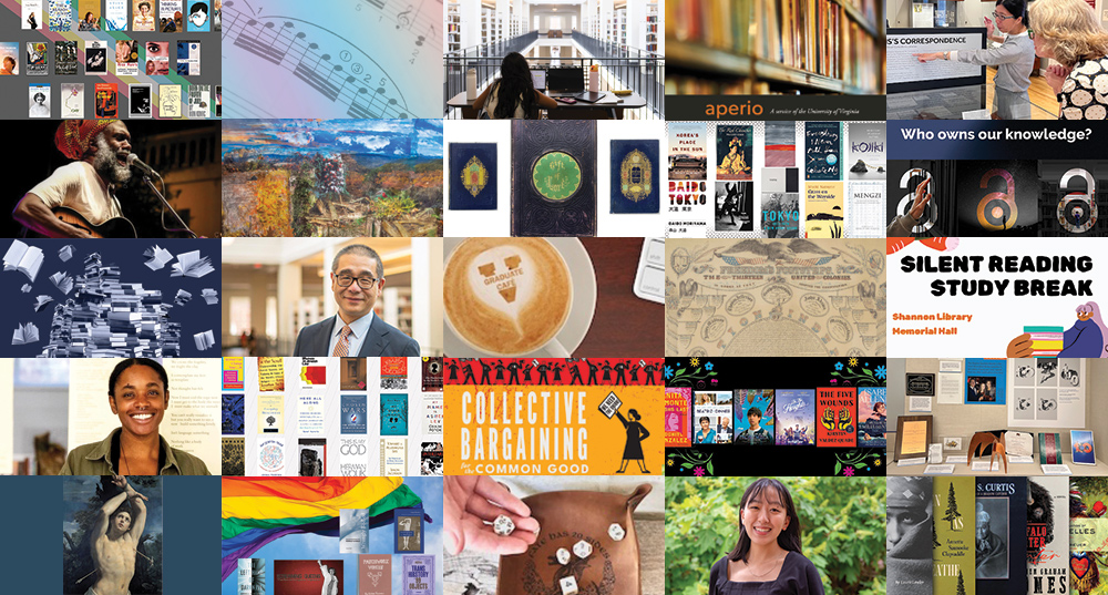 A grid of varied library news stories: Faces, books, places, music, stylized posters.