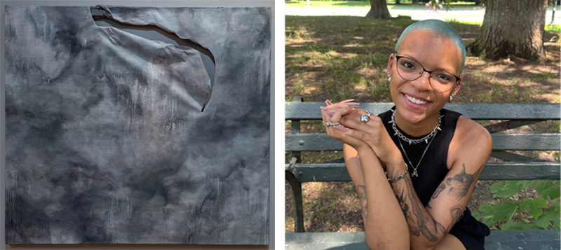 Left: a canvas with shades of black and a tear through the middle. Right: A person with short hair, dyed blue, smiles at the camera.