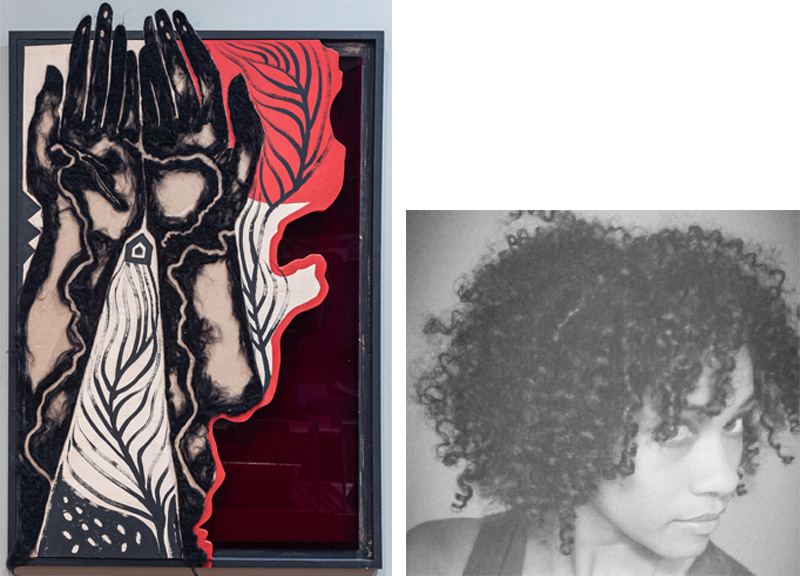 Left: A painting shows two empty hands, palms up, surrounded by paint reminiscent of black and red rivers or trees. Right: A person with curly hair looks at the camera