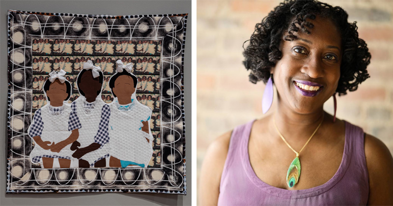 Left: Art incorporates drawings of three little girls with pictures of those girls and sewn textiles. Right: A woman with purple earrings and curly hair smiles at the camera