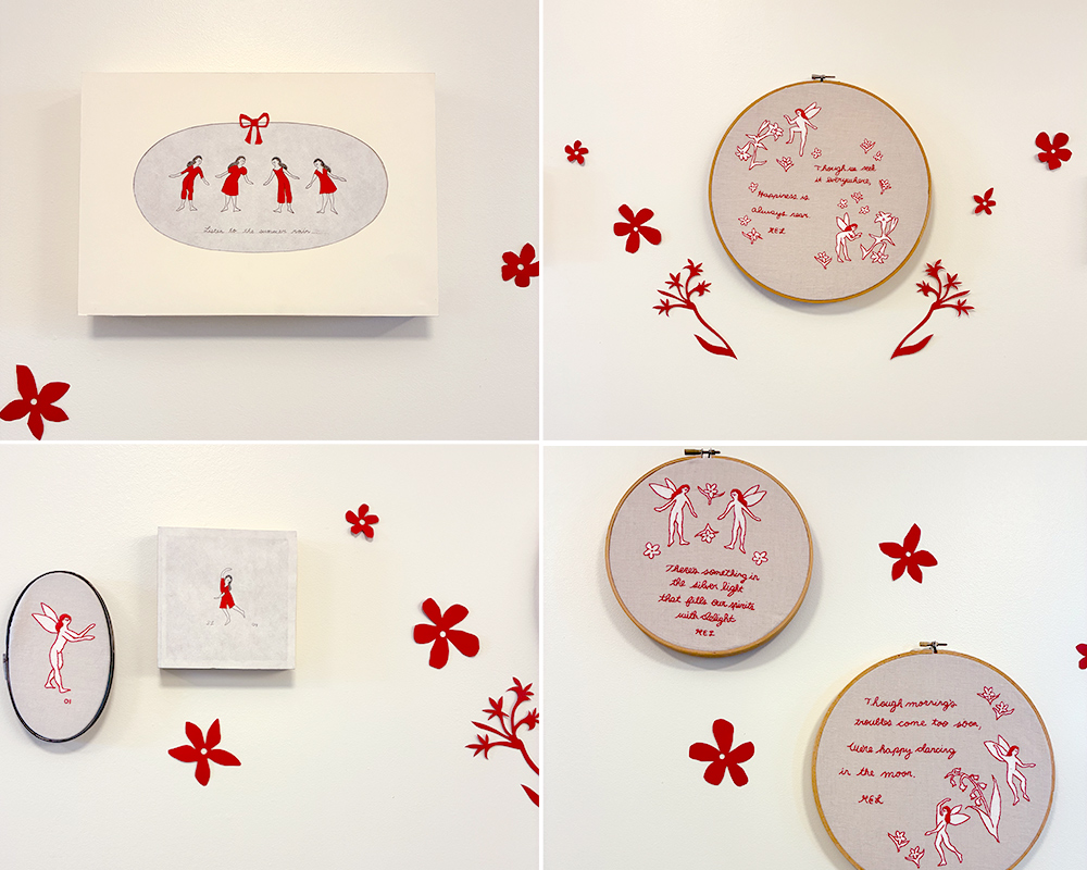 Four images of artwork displayed on a wall, each featuring embroidered or printed designs. The pieces include red floral motifs and dance-themed illustrations. Text is integrated into some of the art, complemented by bright red accents and flowers scattered on the wall.