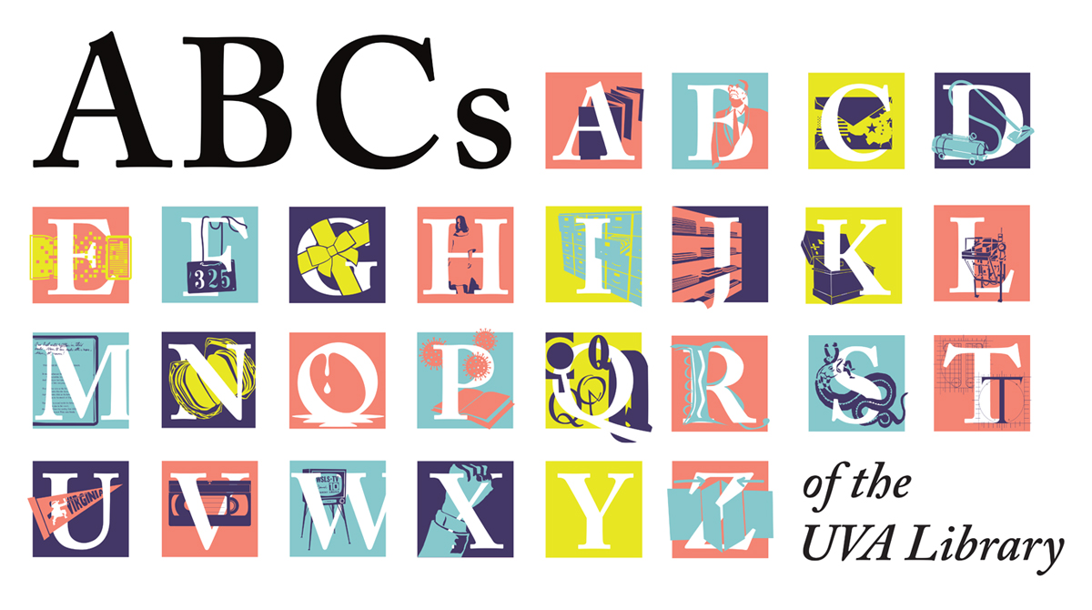 Alphabet letters from A to Z, each depicted with colorful graphics related to the UVA Library, arranged in rows on a pale background. The phrase "ABCs of the UVA Library" appears around the letters.