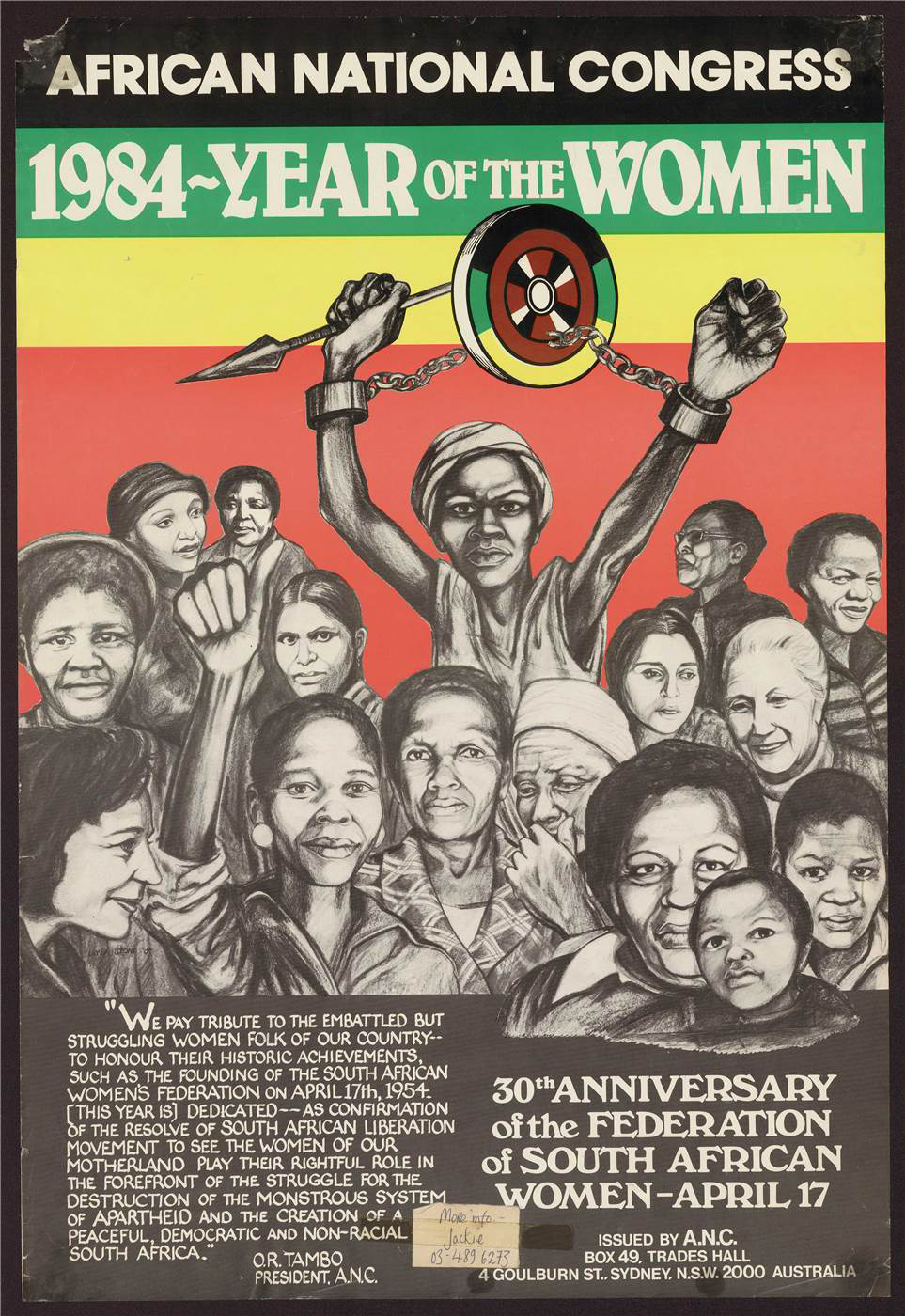 A poster for the African National Congress shows a sketch of 16 Black women mostly smiling. One is raising her arms, trying to free her wrists of handcuffs.