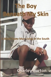 Cover of the book "The Boy Beneath My Skin" by Charley Burton, featuring a child sitting on a doorstep, holding a book, and wearing a cap, shirt, and shorts.