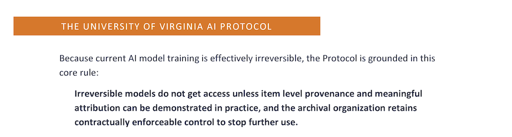 Title reads "The University of Virginia AI Protocol." Below, a rule states that irreversible AI models require item provenance and meaningful attribution before usage, and the controlling organization must have enforceable control to halt further use.