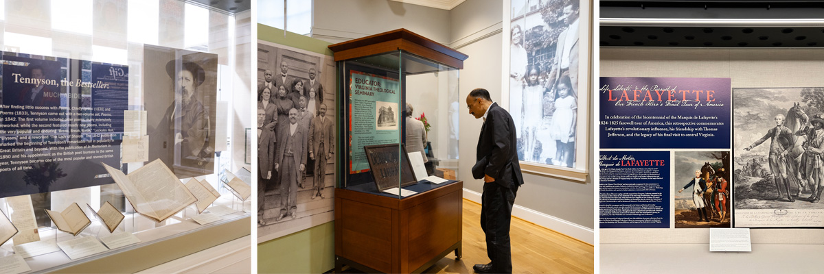 Three images of exhibition spaces. The first shows books and panels about Tennyson at an informative display, the second image captures an individual examining the contents of a display case, and the third image depicts a display about Lafayette with panels and imagery