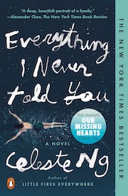 Cover of the novel "Everything I Never Told You" by Celeste Ng, featuring a feather floating over water. This book is a New York Times Bestseller.
