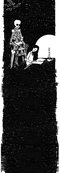 Hand-drawn sketch of a skeleton lurking over a woman as she reads by candlelight