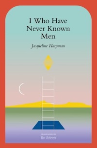 Cover of the book "I Who Have Never Known Men" by Jacqueline Harpman. The design features a minimalist landscape with a ladder leading to a floating yellow shape, set against a gradient sky.