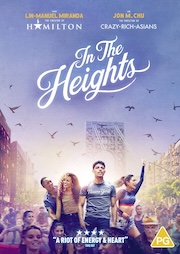 Promotional poster for the movie "In The Heights" featuring four people joyfully dancing in a street, with the George Washington Bridge in the background. References to Lin-Manuel Miranda and Jon M. Chu at the top, rated PG.