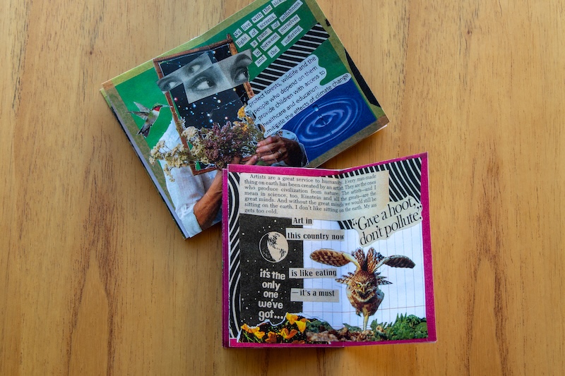 A collection of colorful, creative zines with various illustrations and texts, including one that says "Give a book, don't pollute."