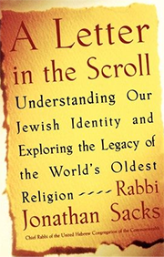 Book cover titled 'A Letter in the Scroll: Understanding Our Jewish Identity and Exploring the World's Oldest Religion' by Rabbi Jonathan Sacks.