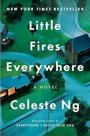 Book cover of "Little Fires Everywhere" by Celeste Ng. The image shows an aerial view of a suburban neighborhood with houses and streets. The cover notes it is a New York Times Bestseller.