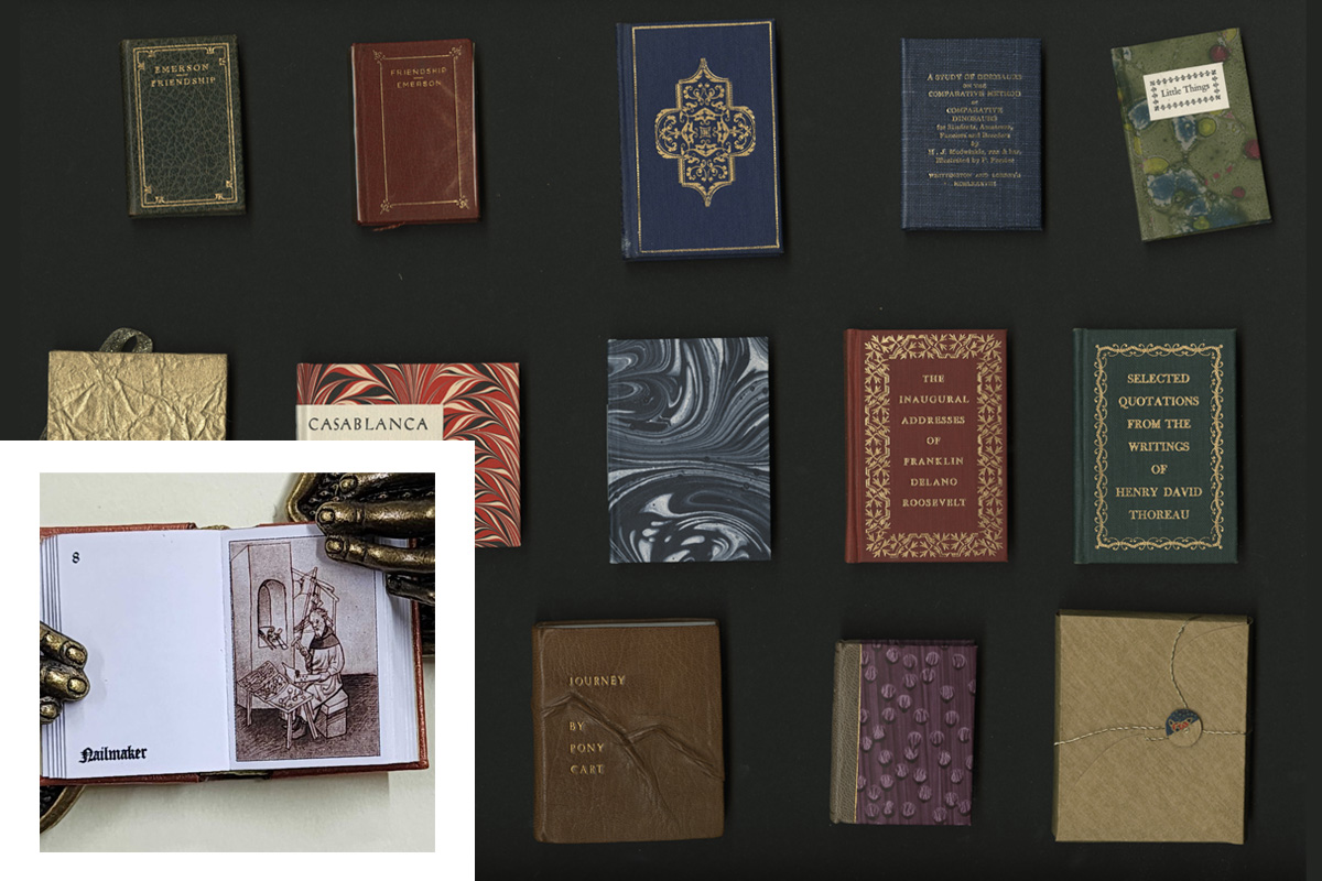 A collection of various small books laid out on a dark surface, including titles like "Casablanca" and "Vanity Fair," some with decorative covers and one in inset which is opened to an illustration of a medieval nailmaker.