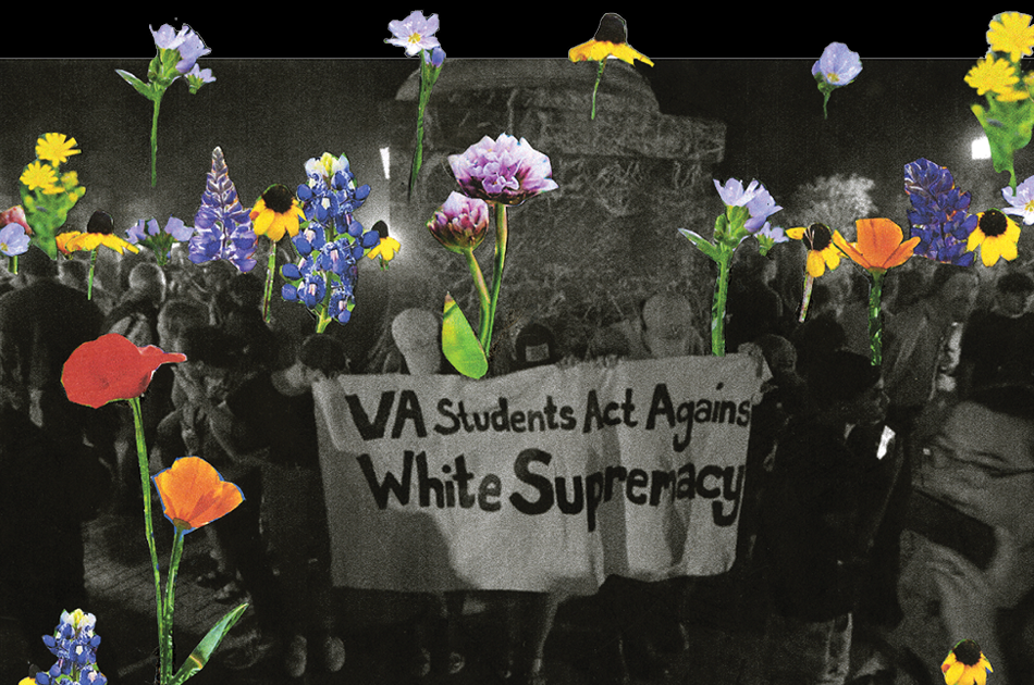 A collage featuring a black-and-white photo of people holding a banner reading "VA Students Act Against White Supremacy," overlaid with colorful illustrations of various flowers.