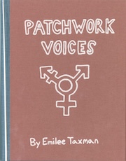 Book cover titled "Patchwork Voices" by Emilee Taxman, featuring a symbolic illustration over a brown background.
