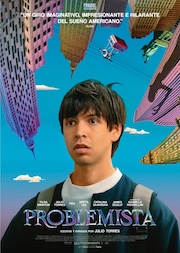 Movie poster for 'Problemista,' featuring a person with a surprised expression looking upward, with upside-down cityscapes above them.