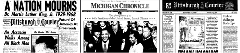 A collage of historical newspaper front pages reporting on the assassination of Dr. Martin Luther King Jr., including titles from 'Pittsburgh Courier', 'Michigan Chronicle', and others, featuring headlines and images related to the event.