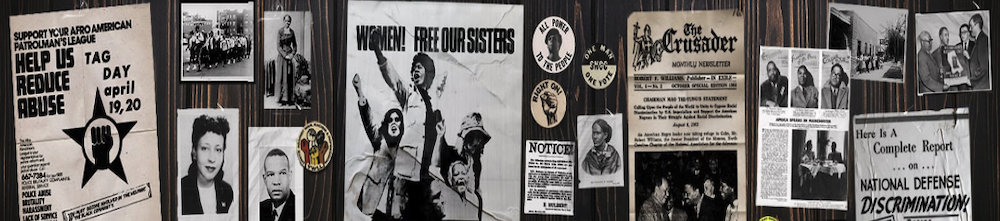 A collage of historical civil rights movement materials featuring various protest posters, newspaper clippings, and photographs. Notable elements include signs advocating for racial justice and equality, imagery of activists mid-protest, and badges with civil rights slogans. The backgrounds and attire reflect mid-20th-century America.