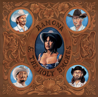 The image is an album cover featuring intricately designed brown floral patterns. Four portraits of individuals wearing hats are placed at each corner, surrounding the text "Ramona & The Holy Smokes" in the center. The background is blue, contrasting with the brown frame and text.