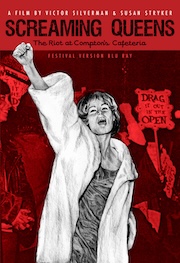 Promotional poster for the film 'Screaming Queens: The Riot at Compton's Cafeteria,' featuring a person with raised fist and expressive face, set against a red background with text and stylized imagery.