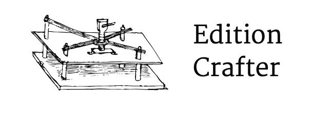 Line drawing of a mechanical printing press with the text "Edition Crafter" beside it.