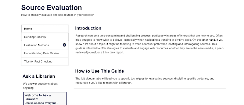 A screenshot of a web page titled "How to Critically Evaluate Sources," featuring various navigation tabs like Home, Evaluation Methods, and Tips for Fact Checking, and sections including an introduction and guide on using library resources.
