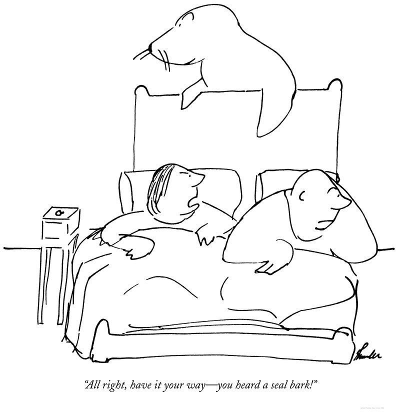 A person in bed talks to a companion, while a seal droops over the headboard. The bedside table holds an alarm clock. The caption reads, “All right, have it your way—you heard a seal bark!”
