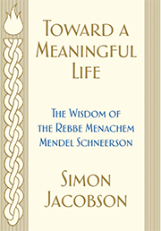 Book cover of "Toward a Meaningful Life: The Wisdom of The Rebbe Menachem Mendel Schneerson" by Simon Jacobson, featuring a candle and braided design on a beige background.
