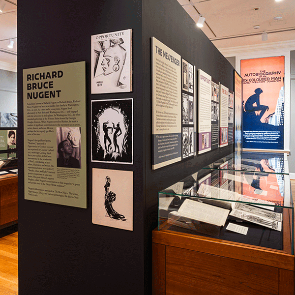 An open, well-lit room filled with wooden cases and colorful posters. 