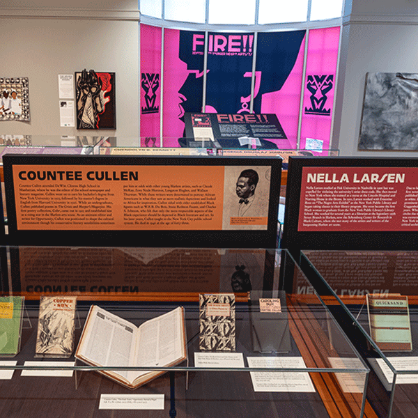 Three cases side by side showing materials from Jesse Redmon Fauset, Countee Cullen, and Nella Larsen.