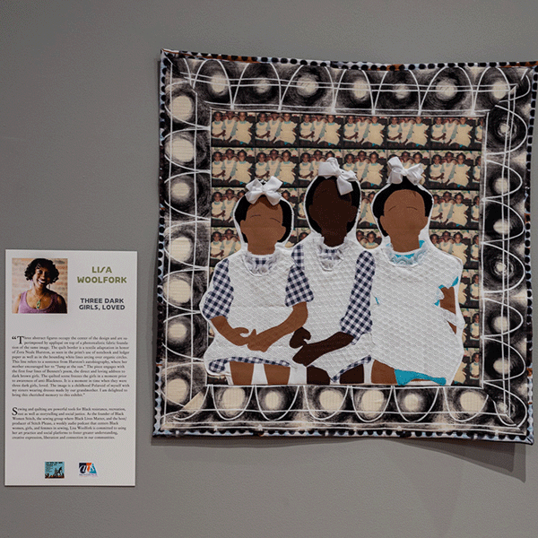 A work of art showing layered manifestations of three young Black girls in white aprons. They have bows in their hair and face the camera. By Lisa Woolfork, titled Three Dark Girls, Loved. 