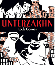Generate by AI Assist Cover of the graphic novel 'Unterzakhn' by Leela Corman, featuring stylized illustrations of characters with a backdrop of early 20th-century building facades.