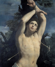 Painting 'Saint Sebastian' by Guido Reni, depicting a figure with arms bound above their head, pierced by arrows, against a dark cloudy sky and leafy background.