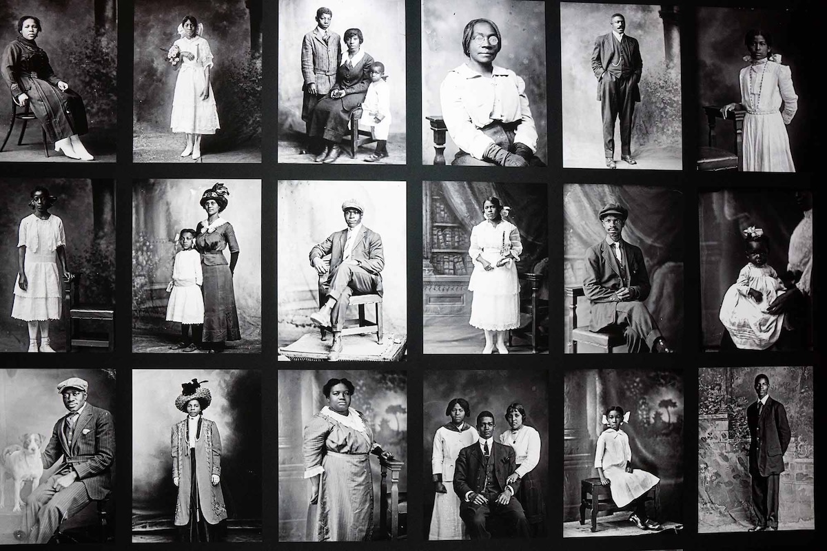 Collection of black and white historical photographs featuring various individuals in different poses and attires, possibly from the early 20th century.