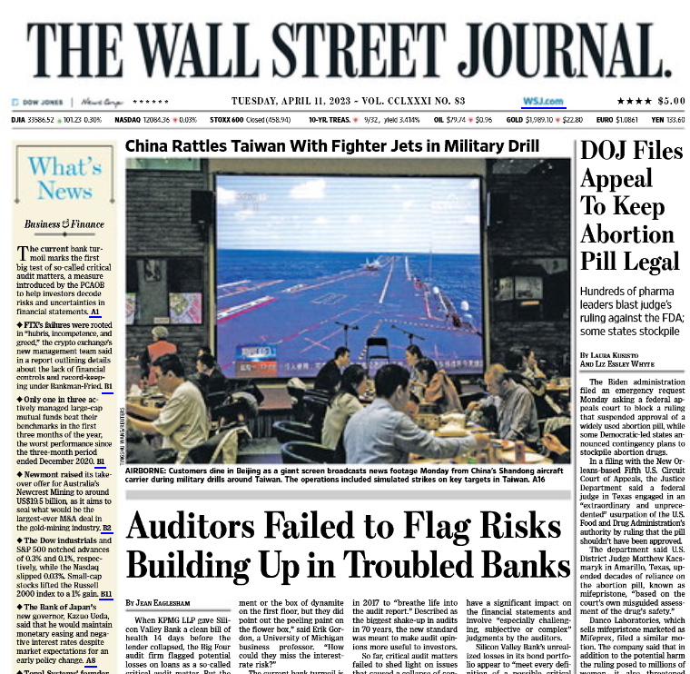 Digital rendering of print front page of Wall Street Journal, April 11, 2023. Top headline reads: China Rattles Taiwan With Fighter Jets in Military Drill