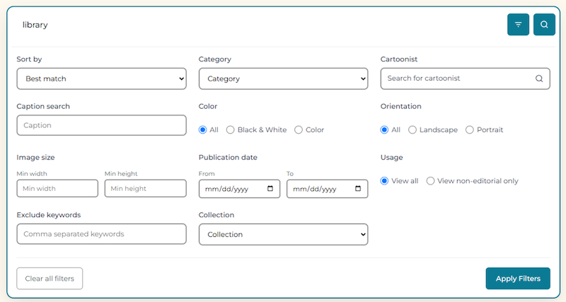 The image shows a user interface for a cartoon library search. It includes options to sort by best match, search cartoons by category, and find results by color, image size, publication date, and orientation. There's also an option to exclude keywords and filter by usage. The interface has buttons to apply filters and search for cartoonists.