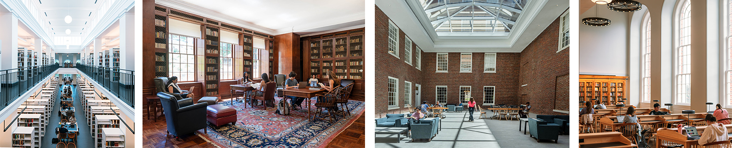 Four images showing: A bright/tall balcony space among book shelves; cozy study space in the McGregor room; a room with a large skylight; a reading room with tall vertical windows and wagonwheel lights