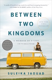 Cover of the book 'Between Two Kingdoms' by Suleika Jaouad, featuring an individual sitting atop a classic yellow Volkswagen bus with a scenic mountain and water backdrop.
