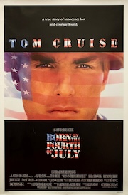 Promotional poster for the film 'Born on the Fourth of July' featuring Tom Cruise, with an American flag motif in the background.