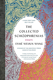Book cover of "The Collected Schizophrenias," featuring an abstract collage background made up of four different paisley designs.